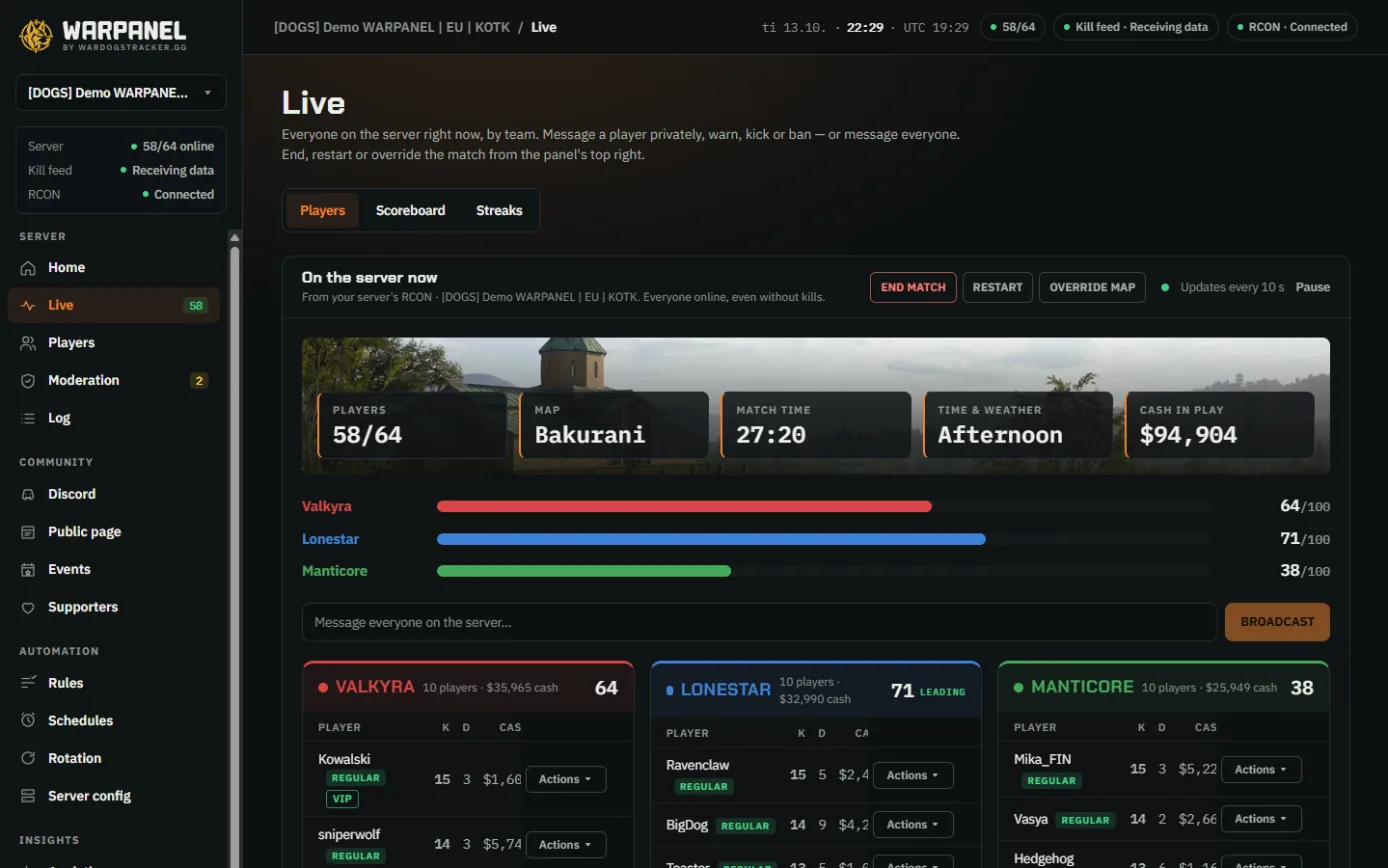WARPANEL's Live page: everyone on the server by team, team scores, match time and actions